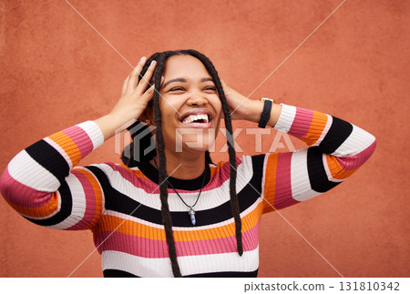 Wall, black woman and thinking with joy, laughing and freedom with happiness, future and imagination. Jamaican, happy female and lady with smile, wonder and freedom on backdrop, trendy and fashion Wall, black woman and thinking with joy, laughing and freedom with happiness, future and imagination. Jamaican, happy female and lady with smile, wonder and freedom on backdrop, trendy and fashion 131810342