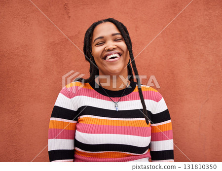 Portrait, black woman and happiness on wall, casual outfit and freedom with laugh, trendy and smile. Face, Jamaican female and happy lady with trendy, relax and cool on break, adventure and cheerful Portrait, black woman and happiness on wall, casual outfit and freedom with laugh, trendy and smile. Face, Jamaican female and happy lady with trendy, relax and cool on break, adventure and cheerful 131810350
