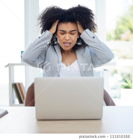 Woman, laptop or pulling hair in stress for financial planning failure, crisis or investment fraud. Frustration, annoyed or anxiety for business worker on technology, finance mistake or phishing scam 131810388