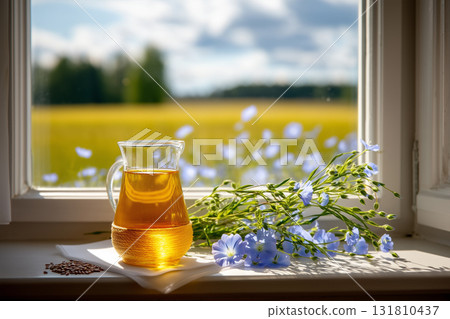 Golden Flaxseed Oil and Fresh Blue Flax Flowers on a Sunny Windowsill. Golden Flaxseed Oil and Fresh Blue Flax Flowers on a Sunny Windowsill. 131810437