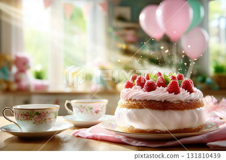 Elegant Raspberry Cream Cake and Floral Tea Cups for a Festive Party. 131810439