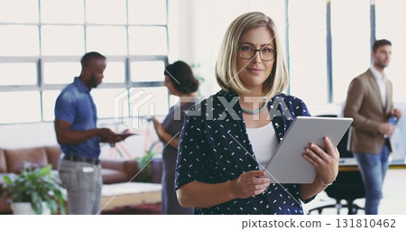 Creative woman, tablet and portrait smile for digital marketing, advertising or planning at the office. Happy female executive designer with touchscreen in strategy or project management for startup 131810462