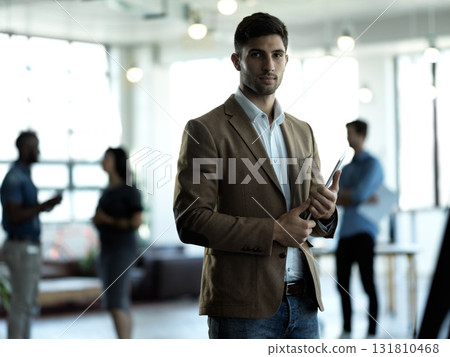 Business man, portrait and tablet, leadership and technology for networking, email and digital communication. Internet, mockup and vision with professional mindset and career goals with connectivity 131810468