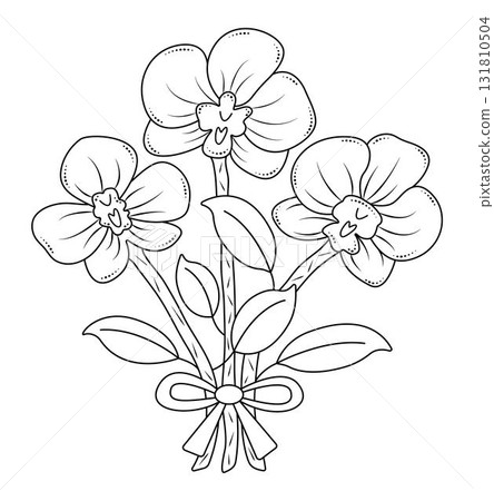 Three black line orchids bouquet, vector monochrome coloring page, elegant preppy flowers Three black line orchids bouquet, vector monochrome coloring page, elegant preppy flowers 131810504