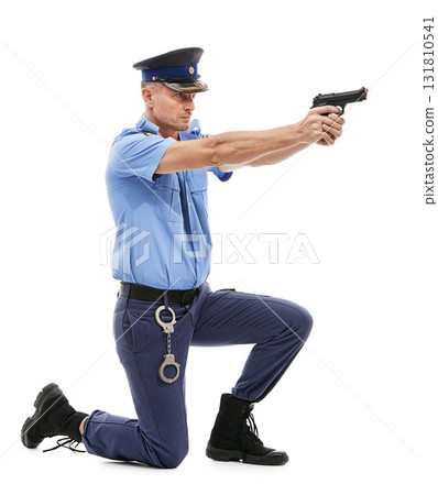Man, police officer and pointing gun ready to fire or shoot isolated on a white studio background. Male security guard or detective holding firearm to uphold the law, stop crime or violence Man, police officer and pointing gun ready to fire or shoot isolated on a white studio background. Male security guard or detective holding firearm to uphold the law, stop crime or violence 131810541