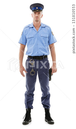 Studio man, portrait and police officer for justice law enforcement, public safety or security service. Gun, criminal handcuffs or violence protection guard of crime hero isolated on white background Studio man, portrait and police officer for justice law enforcement, public safety or security service. Gun, criminal handcuffs or violence protection guard of crime hero isolated on white background 131810553
