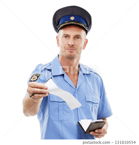 Law, portrait and police officer with a ticket for a violation isolated on a white background in a studio. Security, guard and man working in safety with a note for a traffic offense on a backdrop 131810554