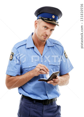 Parking fine, ticket and portrait of police writing on notepad for traffic laws, crime and public service. Justice, law enforcement and face of policeman, security guard and safety officer with paper Parking fine, ticket and portrait of police writing on notepad for traffic laws, crime and public service. Justice, law enforcement and face of policeman, security guard and safety officer with paper 131810556