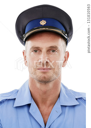 Studio man, face portrait and police officer for justice law enforcement, safety or army security service. Sheriff profile picture, Ukraine military soldier or crime hero isolated on white background 131810563