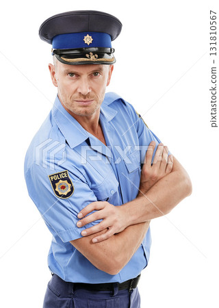 Safety, security and portrait of police with crossed arms on white background for authority, leadership and justice. Law enforcement, public service and isolated guard, policeman and cop in uniform 131810567