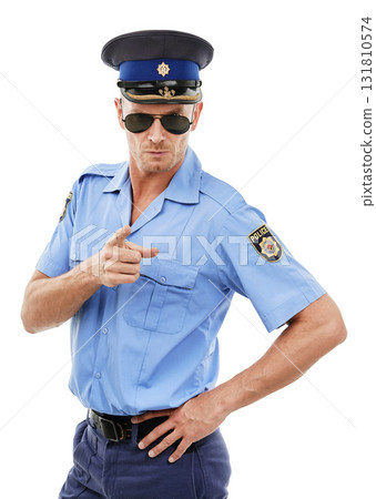 Security, officer and portrait of police point on white background for authority, public safety and crime. Justice, law enforcement and isolated policeman, traffic cop and guard with hand gesture Security, officer and portrait of police point on white background for authority, public safety and crime. Justice, law enforcement and isolated policeman, traffic cop and guard with hand gesture 131810574