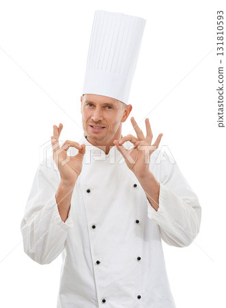 Man, chef and hands in OK sign for perfection, approval or precision isolated on a white studio background. Portrait of happy culinary artist showing hand gesture for perfect, precise or just right Man, chef and hands in OK sign for perfection, approval or precision isolated on a white studio background. Portrait of happy culinary artist showing hand gesture for perfect, precise or just right 131810593