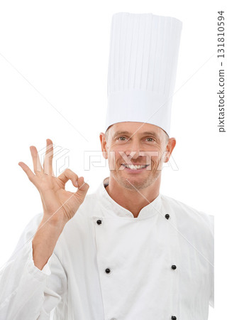 Man, chef and OK hand sign with smile for perfection, approval or precision isolated on a white studio background. Portrait of happy culinary artist showing gesture for perfect, precise or like emoji Man, chef and OK hand sign with smile for perfection, approval or precision isolated on a white studio background. Portrait of happy culinary artist showing gesture for perfect, precise or like emoji 131810594