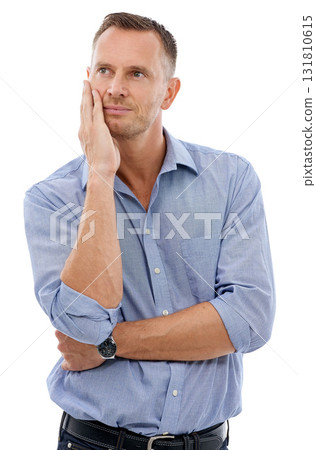 Thinking, idea and pensive man in a studio daydreaming, wondering and being thoughtful. Contemplating, mature and handsome male model posing with a question while isolated by a white background. Thinking, idea and pensive man in a studio daydreaming, wondering and being thoughtful. Contemplating, mature and handsome male model posing with a question while isolated by a white background. 131810615