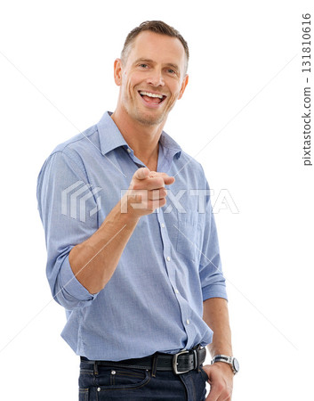 Comic, confident and portrait of a man pointing for comedy isolated on a white background. Happy, pride and mature handsome guy with hand gesture for greeting and giving motivation on a backdrop Comic, confident and portrait of a man pointing for comedy isolated on a white background. Happy, pride and mature handsome guy with hand gesture for greeting and giving motivation on a backdrop 131810616