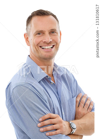 Business man, happy in portrait with arms crossed and smile, career success and leader isolated on white background. Male, positive mindset in studio and leadership with professional growth 131810617