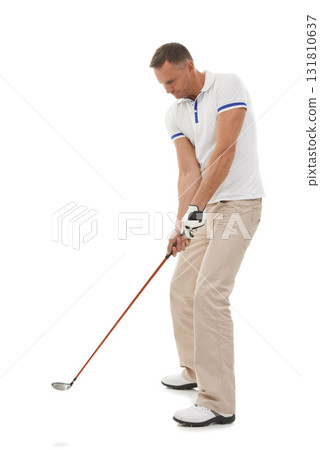 Golf man, sports and swing of driver in studio isolated on a white background ready to start game. Training, golfer and mature male swinging club for golfing workout, exercise and fitness practice. 131810637