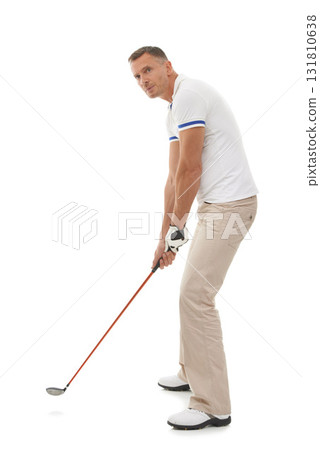 Golf man, sports and swing of club in studio isolated on a white background ready to start game. Training, thinking and mature male swinging driver for golfing workout, exercise and fitness match. 131810638