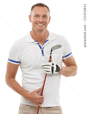 Man in portrait, smile with golf club and sports, active lifestyle and happiness isolated on white background. Happy, face and sport with golfer, fitness in studio with male athlete and vitality Man in portrait, smile with golf club and sports, active lifestyle and happiness isolated on white background. Happy, face and sport with golfer, fitness in studio with male athlete and vitality 131810641