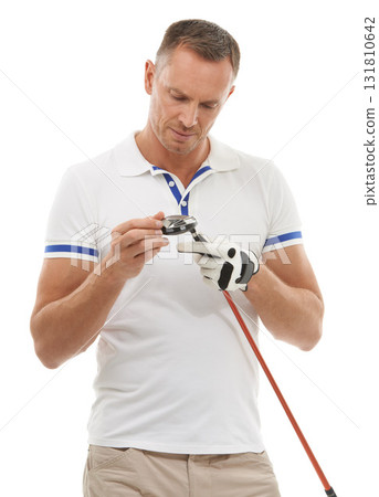 Sports, golf man and inspection of club in studio isolated on a white background ready to start game. Training, golfer and mature male checking driver for golfing workout, exercise and fitness match 131810642