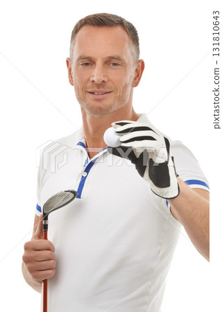 Sports ball, golf and man in studio isolated on a white background ready to start game. Training, golfer and mature male athlete holding club driver for golfing workout, exercise and fitness match. 131810643