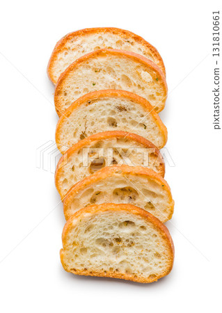 Crispy roasted bruschetta bread isolated on white background. Crispy roasted bruschetta bread isolated on white background. 131810661