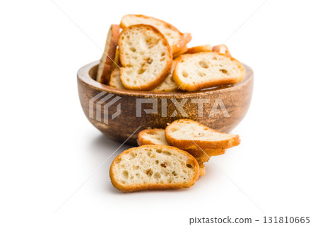 Crispy roasted bruschetta bread isolated on white background. 131810665