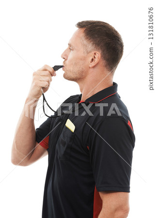 Referee man, whistle and face profile with soccer foul and warning in match or game isolated on white background. Sports, fitness and compliance, rules and male in studio with football penalty 131810676