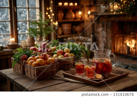 Cozy Winter Scene with Hot Spiced Punch and Baskets of Fresh Fruit by a Fireplace. 131810678