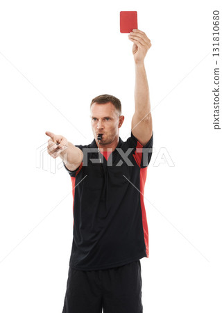 Sports referee, whistle and red card hand warning while pointing for soccer rules, penalty or fail. Football coach man sign for mistake or caution for competition game isolated on a white background Sports referee, whistle and red card hand warning while pointing for soccer rules, penalty or fail. Football coach man sign for mistake or caution for competition game isolated on a white background 131810680