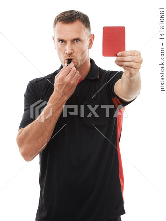 Red card, whistle and referee portrait with hand warning for soccer rules, penalty or fail in studio. Fitness coach man sign for mistake or caution for competition game isolated on a white background Red card, whistle and referee portrait with hand warning for soccer rules, penalty or fail in studio. Fitness coach man sign for mistake or caution for competition game isolated on a white background 131810681