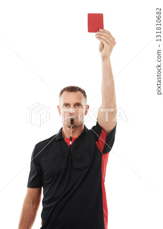Sports referee, red card and man blowing whistle with hand warning for soccer rules, penalty or fail. Football coach sign for mistake or caution for competition game isolated on a white background Sports referee, red card and man blowing whistle with hand warning for soccer rules, penalty or fail. Football coach sign for mistake or caution for competition game isolated on a white background 131810682