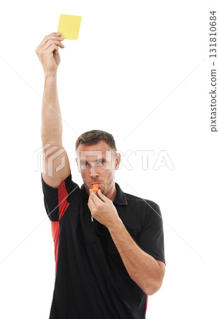 Yellow card, whistle and sports referee man with hand warning for soccer rules, penalty or fail in studio. Fitness coach sign for mistake or caution at competition game isolated on a white background Yellow card, whistle and sports referee man with hand warning for soccer rules, penalty or fail in studio. Fitness coach sign for mistake or caution at competition game isolated on a white background 131810684