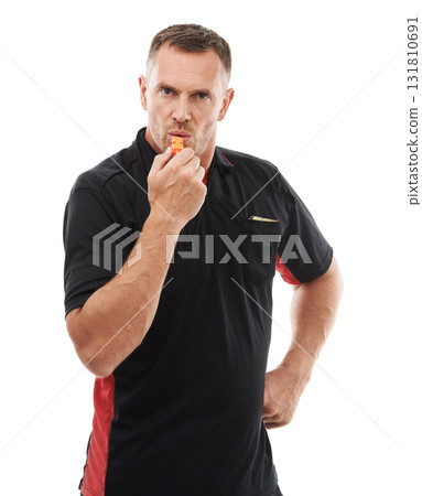 Portrait, referee and man blowing whistle, stern or gesture in studio warning, sign or penalty on white background. Sports, face and coach with rules, compliance and caution while training isolated 131810691