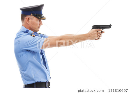 Man, police officer and pointing gun ready to fire or shoot standing isolated on a white studio background. Male security guard or detective holding firearm to uphold the law, stop crime or violence 131810697
