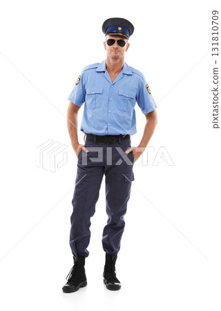 Security, crime officer and portrait of police on white background for authority, public safety and laws. Justice, law enforcement and isolated full body of policeman, traffic cop and guard in studio Security, crime officer and portrait of police on white background for authority, public safety and laws. Justice, law enforcement and isolated full body of policeman, traffic cop and guard in studio 131810709