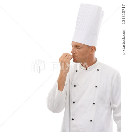 Man, chef and kissing hands for taste, perfect or just right in celebration for cooking skills isolated on white studio background. Happy proud male culinary artist kiss hand for perfection on mockup Man, chef and kissing hands for taste, perfect or just right in celebration for cooking skills isolated on white studio background. Happy proud male culinary artist kiss hand for perfection on mockup 131810717