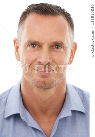 Portrait, face and man with smile looking happy, calm and content isolated against a studio white background. Businessman, entrepreneur or employee confident, handsome and proud wearing a shirt Portrait, face and man with smile looking happy, calm and content isolated against a studio white background. Businessman, entrepreneur or employee confident, handsome and proud wearing a shirt 131810839