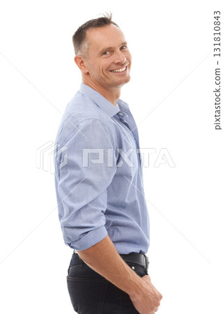 Portrait, business man and smile in studio isolated on a white background with vision, mission and success mindset. Boss, entrepreneur and happy, confident and proud mature male ceo from Canada. 131810843