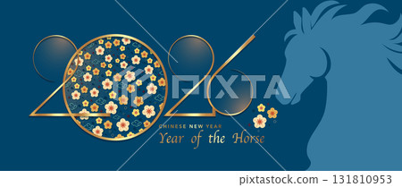 2026 Chinese New Year banner, blue background. Year of the Horse. Vector modern art gold numbers design and cherry blossoms for cover, card, poster, logo zodiac sign. Golden luxury template 2026 Chinese New Year banner, blue background. Year of the Horse. Vector modern art gold numbers design and cherry blossoms for cover, card, poster, logo zodiac sign. Golden luxury template 131810953