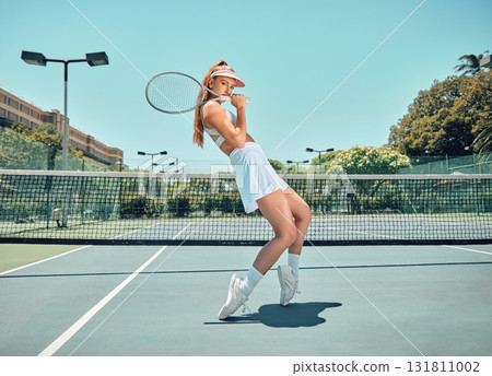 Woman, tennis court portrait and outdoor sunshine with balance, fashion or sports in summer with sneakers. Gen z girl, athlete and tiptoe on ground for sport workout, training or exercise strong legs Woman, tennis court portrait and outdoor sunshine with balance, fashion or sports in summer with sneakers. Gen z girl, athlete and tiptoe on ground for sport workout, training or exercise strong legs 131811002