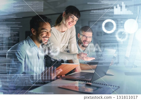 Teamwork, laptop hologram and people success in data analytics, cyber security research and cloud computing. Coding, programming and developer woman or group with software solution in night overlay Teamwork, laptop hologram and people success in data analytics, cyber security research and cloud computing. Coding, programming and developer woman or group with software solution in night overlay 131811017