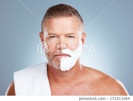 Portrait, shaving cream and old man in studio for skincare, grooming and beauty on grey background. Face, product and hair removal for mature model relax with luxury, skin and beard foam isolated Portrait, shaving cream and old man in studio for skincare, grooming and beauty on grey background. Face, product and hair removal for mature model relax with luxury, skin and beard foam isolated 131811064
