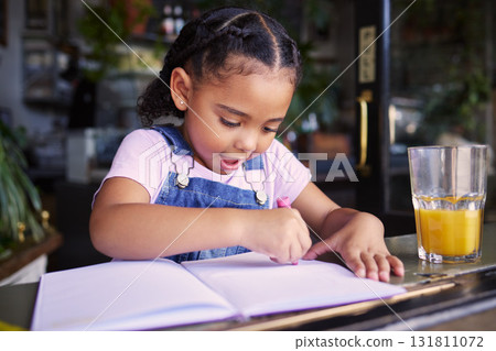 Little girl, book and color at cafe, creative and drawing with crayons for family day or relax in learning and art. Young kid, growth and writing in education for creativity at coffee shop startup Little girl, book and color at cafe, creative and drawing with crayons for family day or relax in learning and art. Young kid, growth and writing in education for creativity at coffee shop startup 131811072