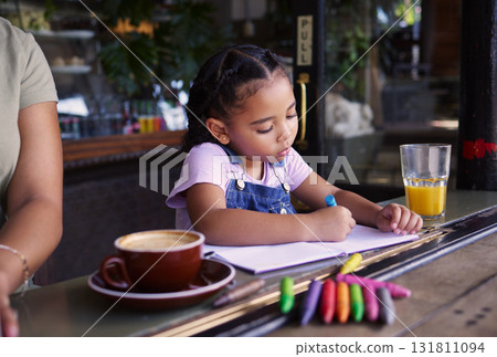 Girl child color in book at cafe, creative and drawing with crayons, family day to relax with learning and art in Atlanta. Young kid, growth and writing, education and creativity while at coffee shop Girl child color in book at cafe, creative and drawing with crayons, family day to relax with learning and art in Atlanta. Young kid, growth and writing, education and creativity while at coffee shop 131811094