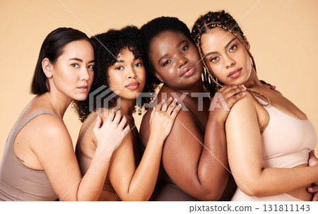 Skin care, diversity and portrait of women group together for inclusion, natural beauty and power. Body positive friends or real people on beige background for support, makeup and plus size self love 131811143