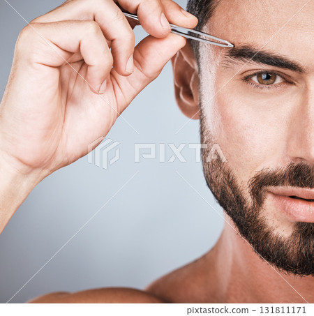 Portrait, man and tweezers for eyebrows, cosmetics and morning routine with guy on grey studio background. Face care, male and gentleman with skincare, beauty and hair removal for grooming and facial Portrait, man and tweezers for eyebrows, cosmetics and morning routine with guy on grey studio background. Face care, male and gentleman with skincare, beauty and hair removal for grooming and facial 131811171