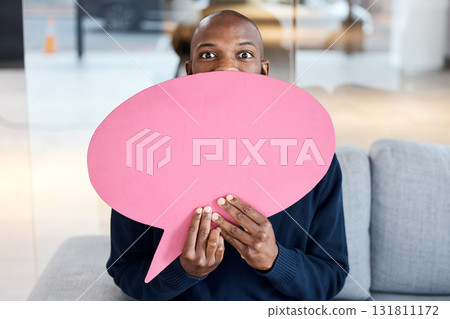 Portrait surprise, wow and black man with speech bubble for social media, vote or review. Mockup, shocked and male employee with chat sign for opinion, mock up or advertising, marketing or feedback. Portrait surprise, wow and black man with speech bubble for social media, vote or review. Mockup, shocked and male employee with chat sign for opinion, mock up or advertising, marketing or feedback. 131811172