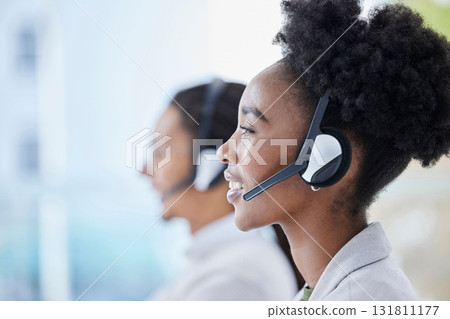 Call center, black woman and crm, telemarketing and customer service in office on blurred background. Faq, consulting and girl with online support, help and advice, contact us and friendly service Call center, black woman and crm, telemarketing and customer service in office on blurred background. Faq, consulting and girl with online support, help and advice, contact us and friendly service 131811177