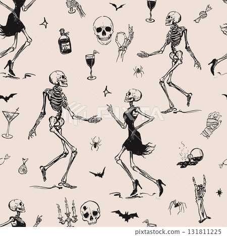 Vector Halloween seamless pattern with dance of skeletons. Hand painted holiday template isolated on beige background. Illustration for design, print or background. 131811225